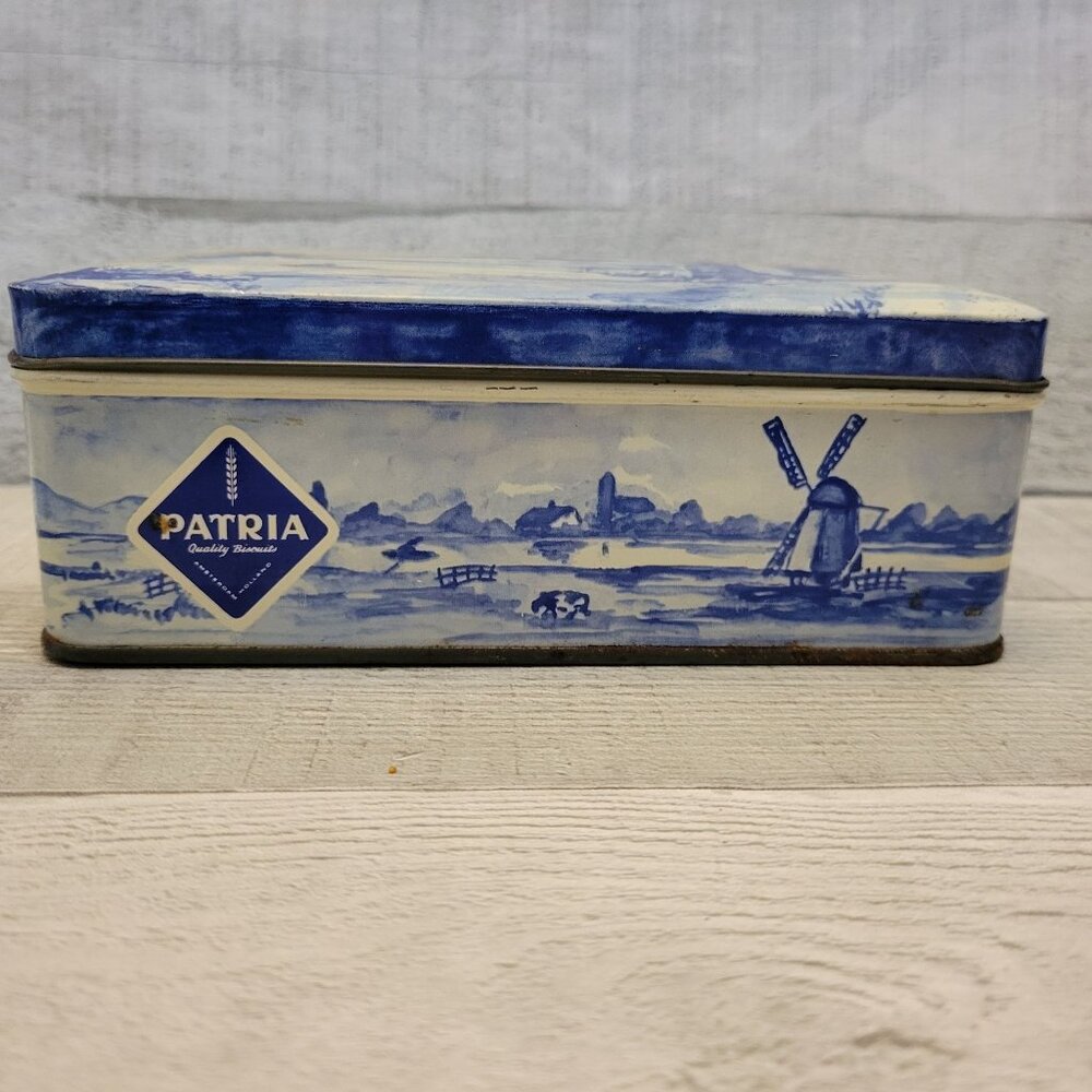 Vintage Patria Windmill Design Metal Tin Box 1970s Dutch Blue & White